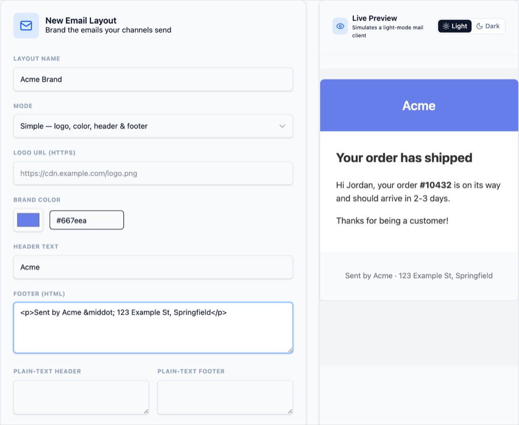 Email layout editor with rendered preview