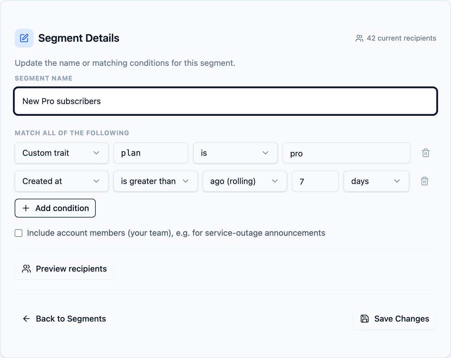 Segment rule builder with two conditions
